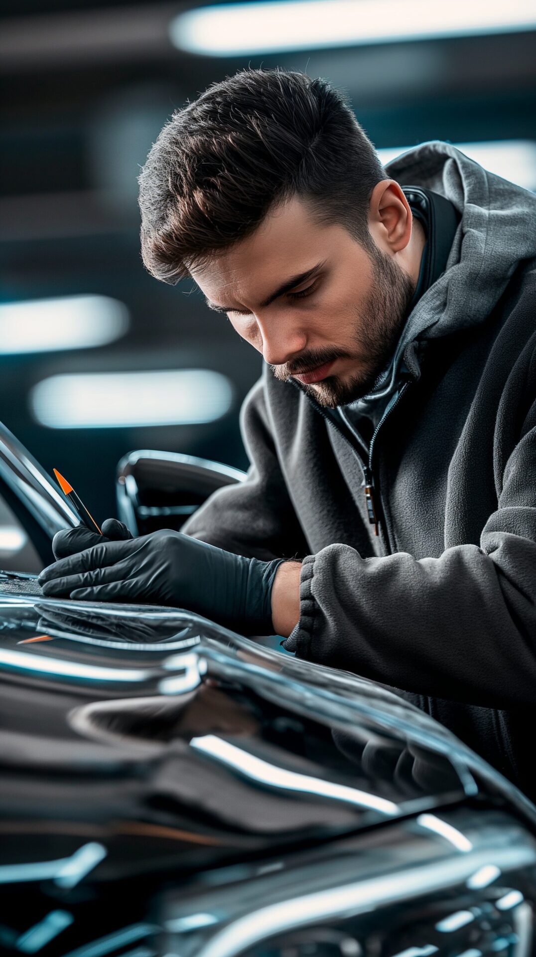 Technician carefully applying protective film to a car hood at Auto Phoenix service station in Los Angeles.